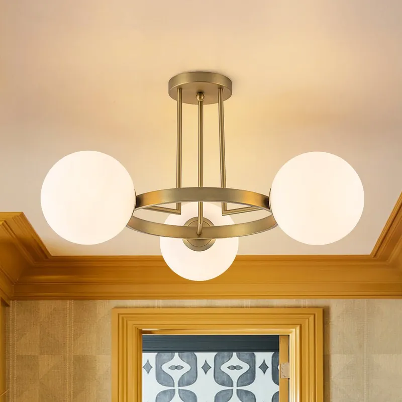 3-Light Brass Opal Glass Globe Round Ring Semi Flush Mount — LightFixturesUSA LED Ceiling Lights 40.0W 