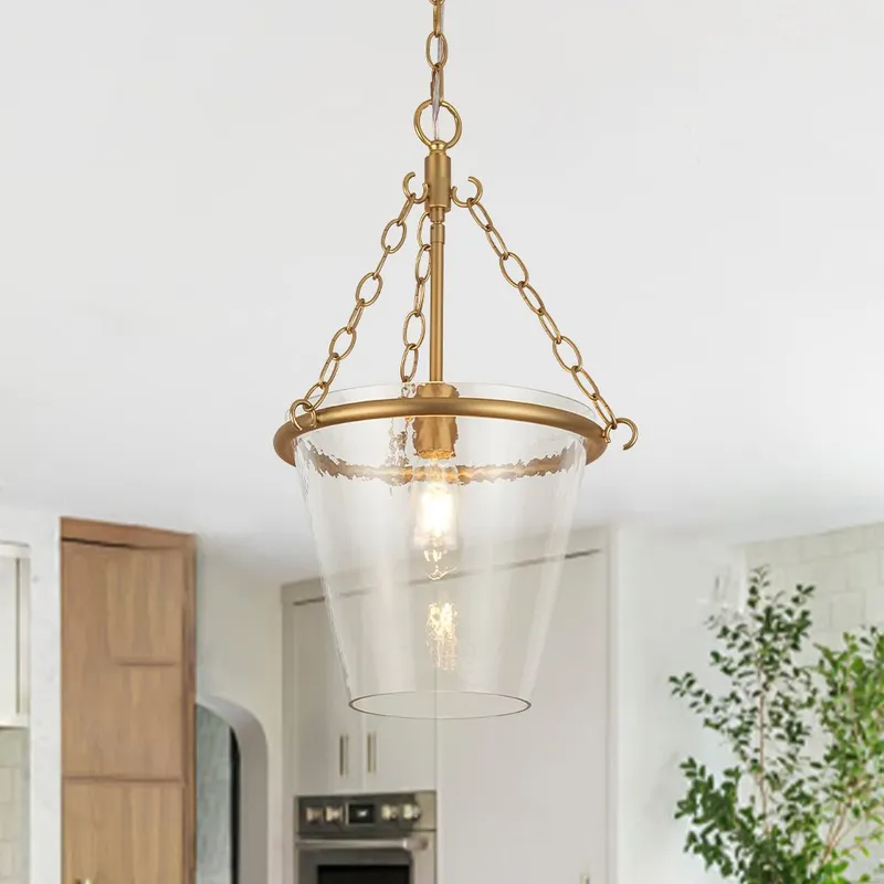 Brass 1-Light Clear Textured Glass Conical Cage Pendant — LightFixturesUSA LED Pendant Lights 60.0W 