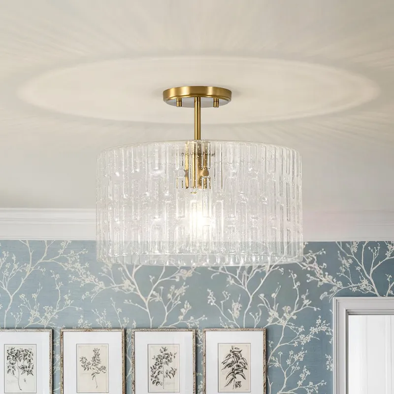 1-Light Clear Striped Glass Drum Semi Flush / Round Cage Pendant — LightFixturesUSA LED Linear Lights 60.0W 