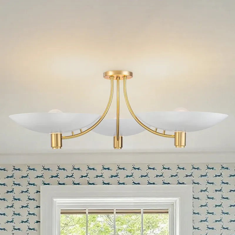 3-Light Modern Iron Brass White Saucer Semi Flush Mount — LightFixturesUSA LED Ceiling Lights 60.0W 