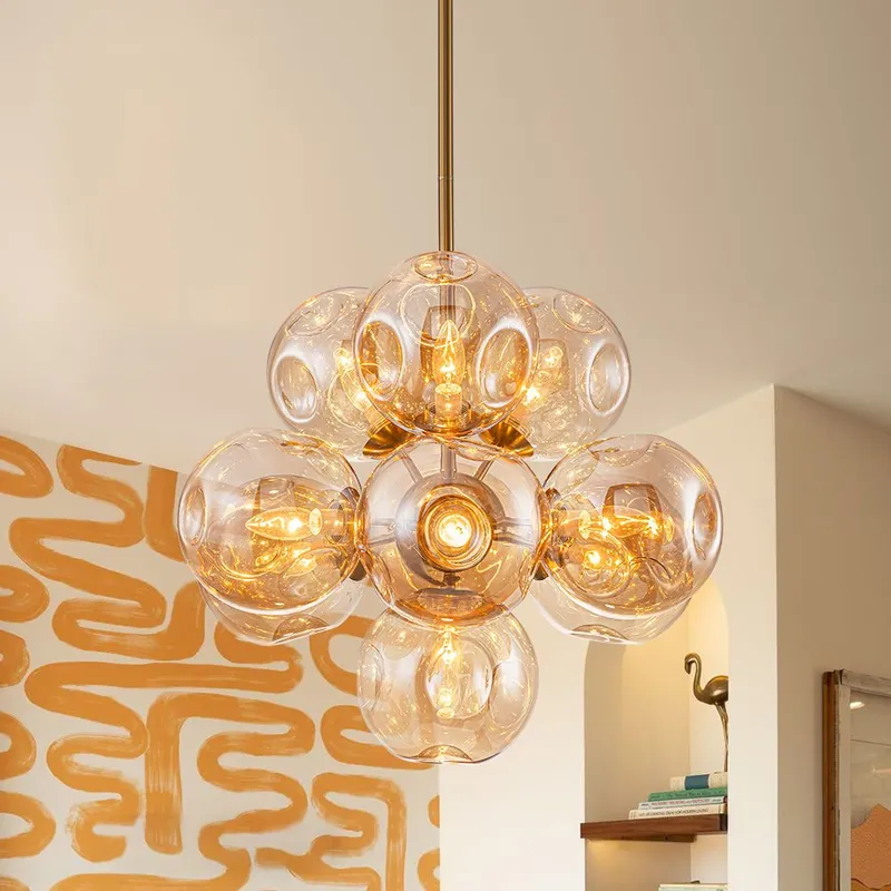 Bloom 10-Light Cluster Amber Glass Round Bubble Chandelier — LightFixturesUSA LED Pendant Lights 40.0W 