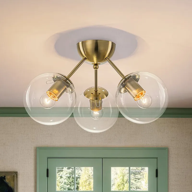Brass Mid-Century 3-Light Glass Globe Semi Flush Mount — LightFixturesUSA LED Ceiling Lights 60.0W 