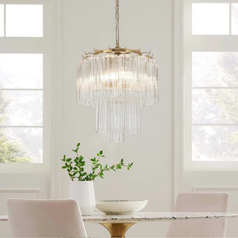 Art Deco Cluster Glass Textured Tube Round Tiered Chandelier — LightFixturesUSA LED Pendant Lights 60.0W 