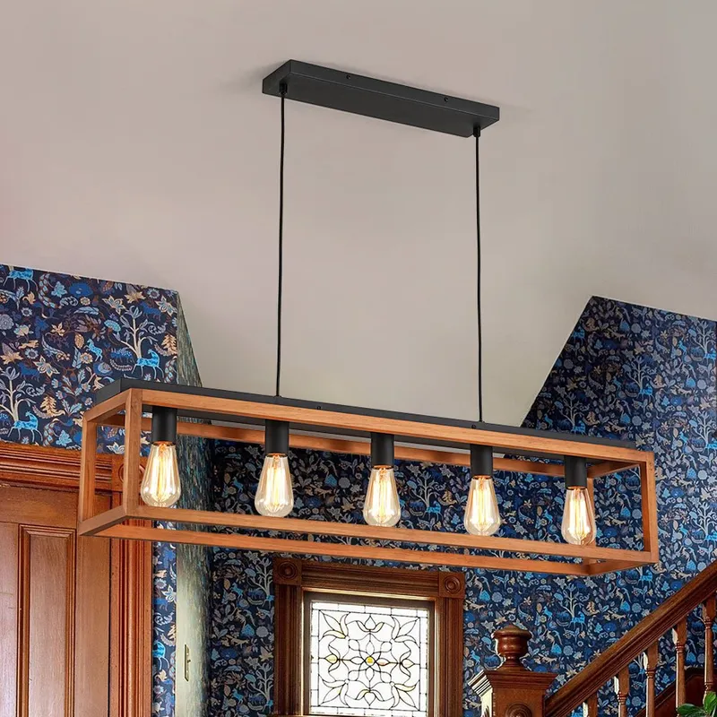 Farmhouse Wooden Rectangular Cage Island Chandelier — LightFixturesUSA LED Pendant Lights 60.0W 