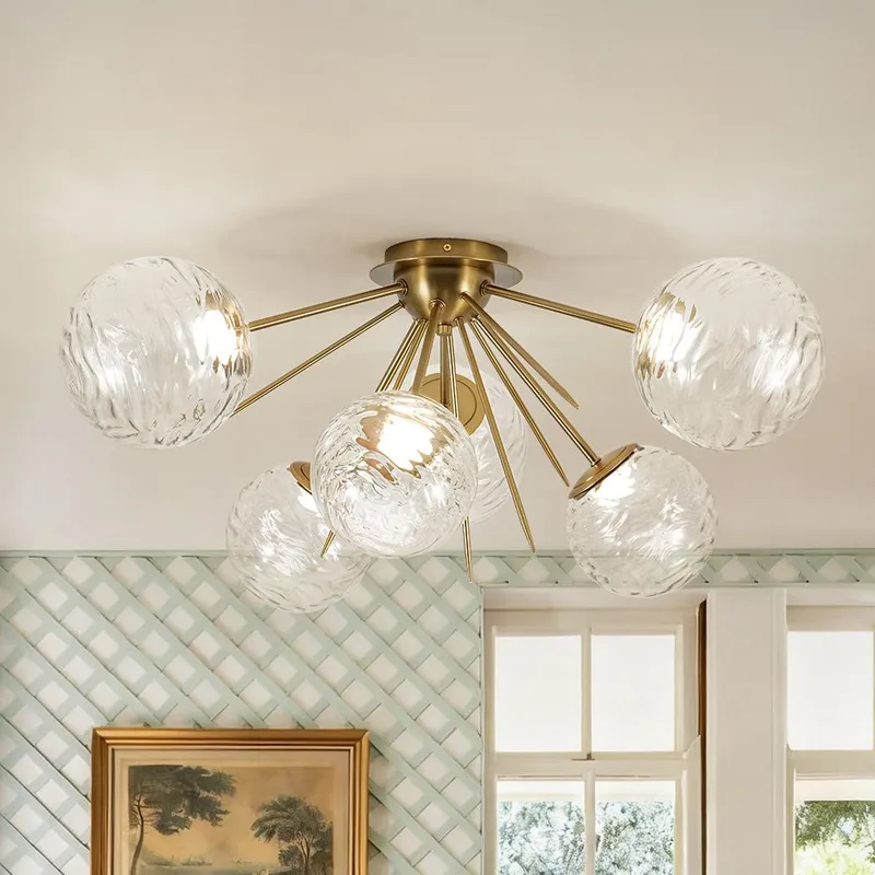 Dimmable LED 6-Light Ripple Glass Sputnik Semi Flush Chandelier — LightFixturesUSA LED Pendant Lights 30.0W 3000K