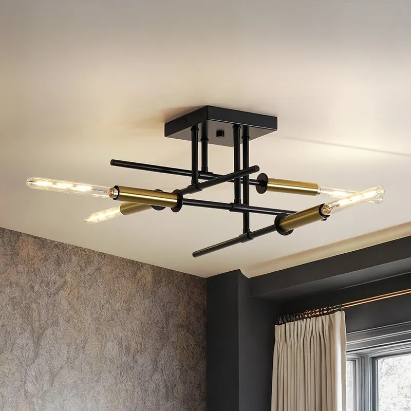 Black Brass 4-Light Sputnik Linear Semi Flush Mount — LightFixturesUSA LED Linear Lights 60.0W 