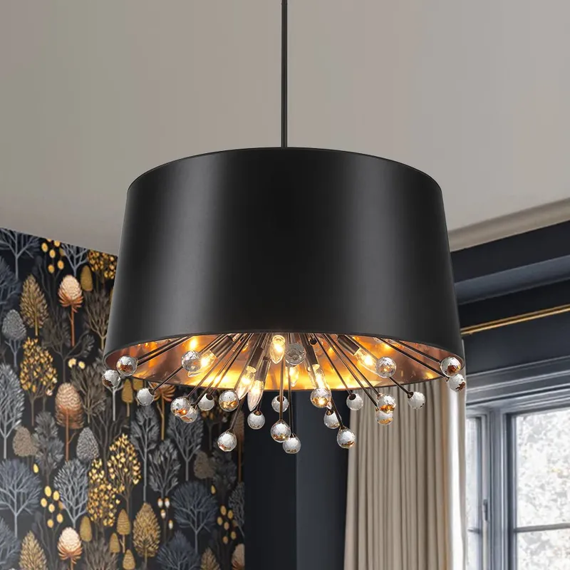 Moody Luxe Starburst Crystal Black Fabric Drum Cage Chandelier — LightFixturesUSA LED Pendant Lights 40.0W 