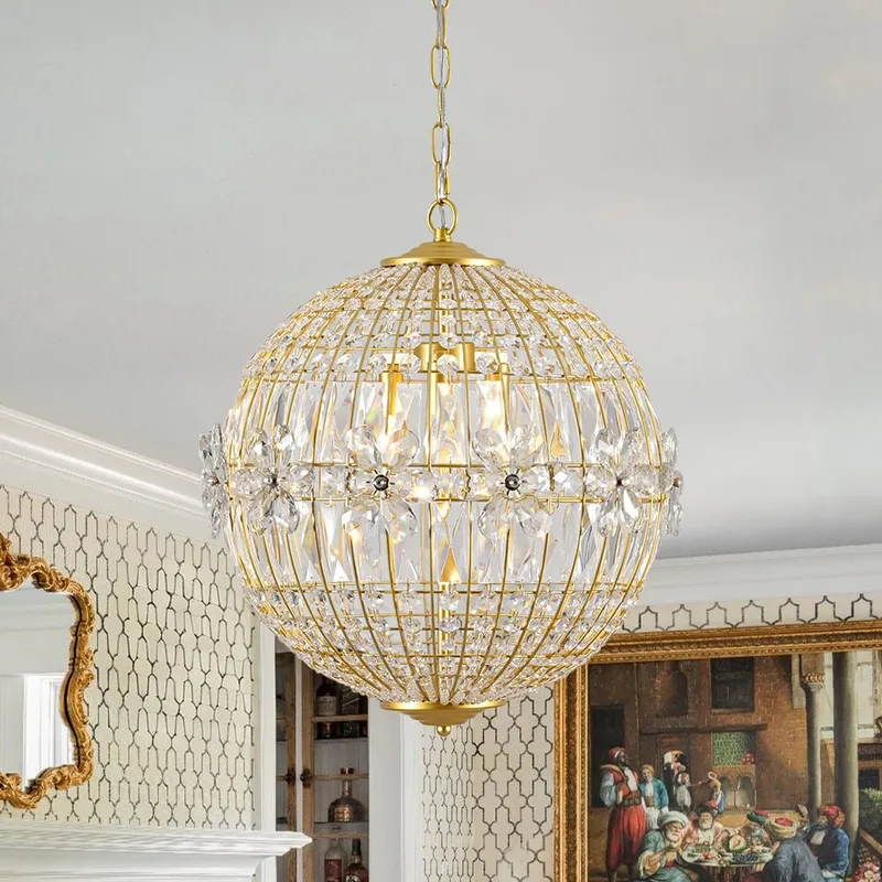 French Luxury Brass Floral Crystal Globe Chandelier — LightFixturesUSA LED Pendant Lights 60.0W 