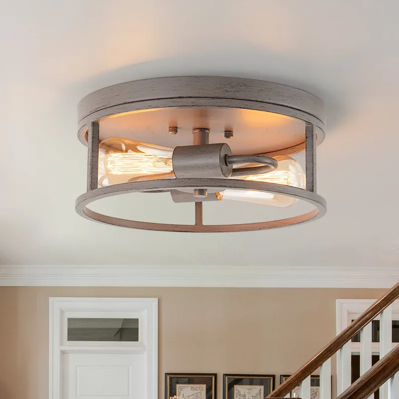 Grey Wood Grain Drum Cage Flush Mount Ceiling Light — LightFixturesUSA LED Ceiling Lights 60.0W 