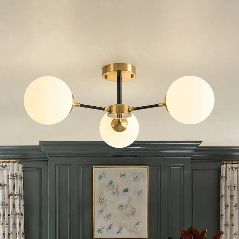 Brass Black 3-Light Frosted Glass Globe Semi Flush Mount — LightFixturesUSA LED Ceiling Lights 25.0W 