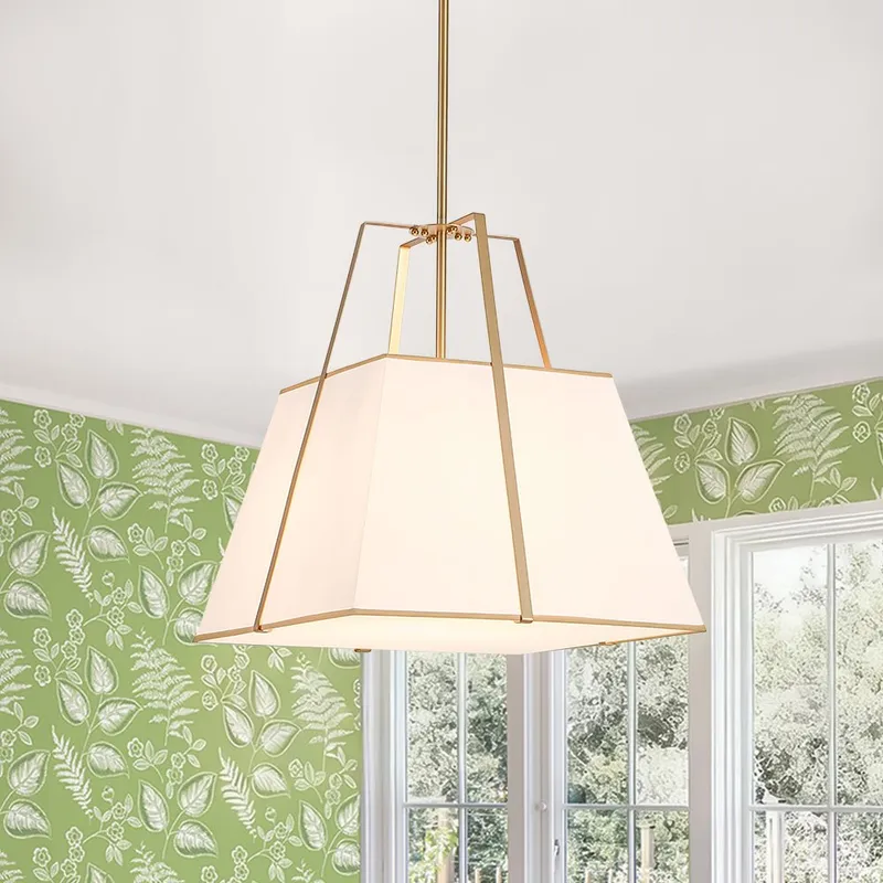 Modern Brass White Fabric Tapered Cage Pendant Light — LightFixturesUSA LED Linear Lights 60.0W 