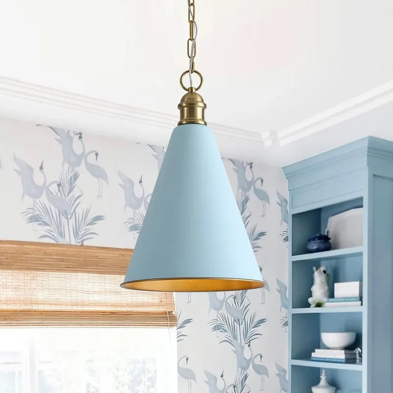 Macaron Brass Baby Blue 1-Light Iron Conical Kitchen Pendant — LightFixturesUSA LED Pendant Lights 60.0W 