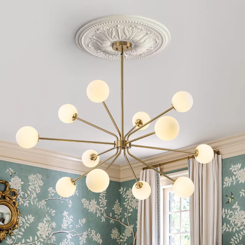 12-Light Brass Firework Opal Glass Globe Sputnik Chandelier — LightFixturesUSA LED Pendant Lights 25.0W 
