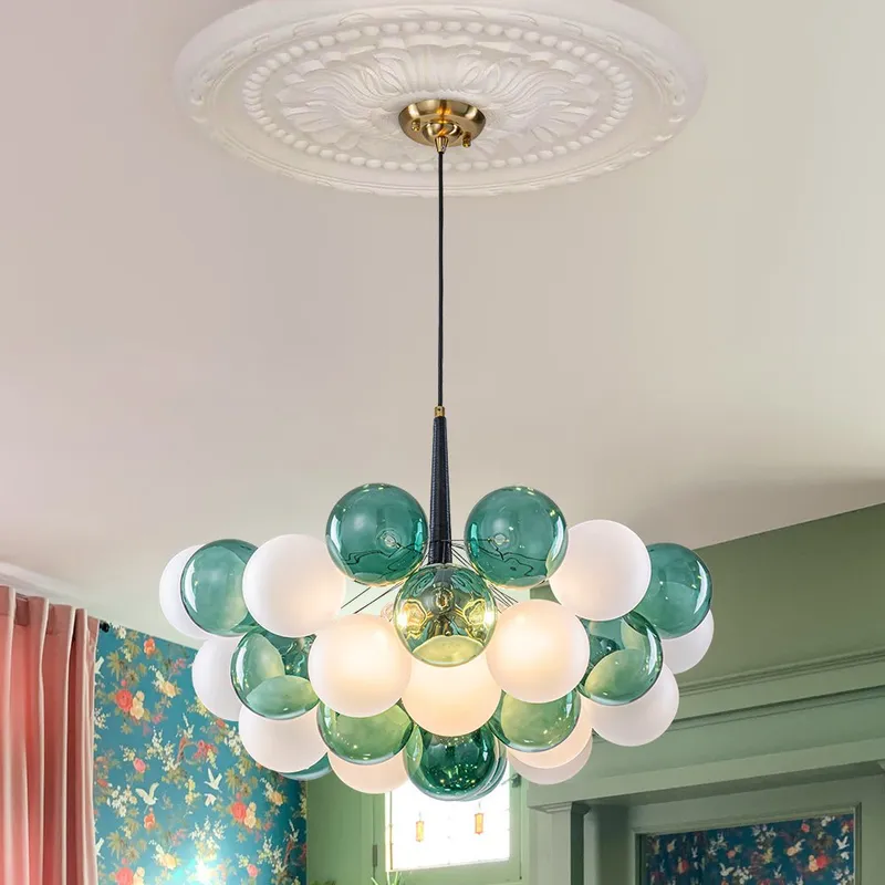 Art Deco Cluster Green Frosted White Glass Bubble Chandelier — LightFixturesUSA LED Pendant Lights 60.0W 