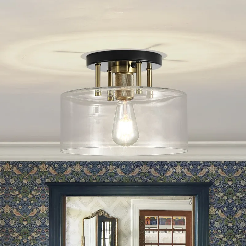 1-Light Black Brass Clear Glass Drum Semi Flush Mount — LightFixturesUSA LED Ceiling Lights 60.0W 