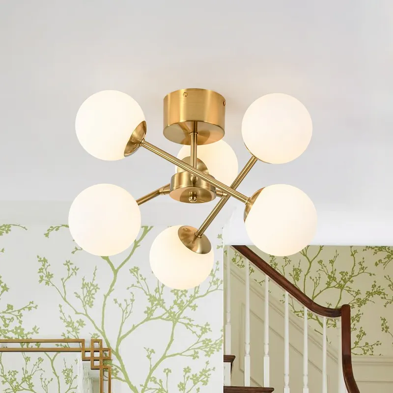 Adjustable Opal Glass Globe Brass Sputnik Semi Flush Mount — LightFixturesUSA LED Ceiling Lights 25.0W 