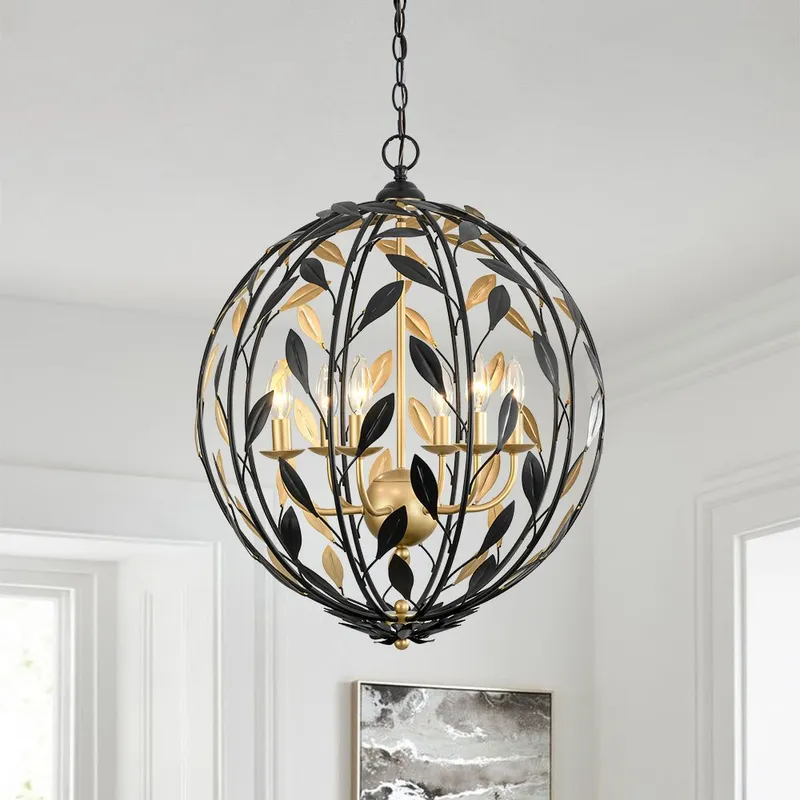 Black Gold Candle Style Leaf Vine Iron Orb Chandelier — LightFixturesUSA LED Pendant Lights 60.0W 