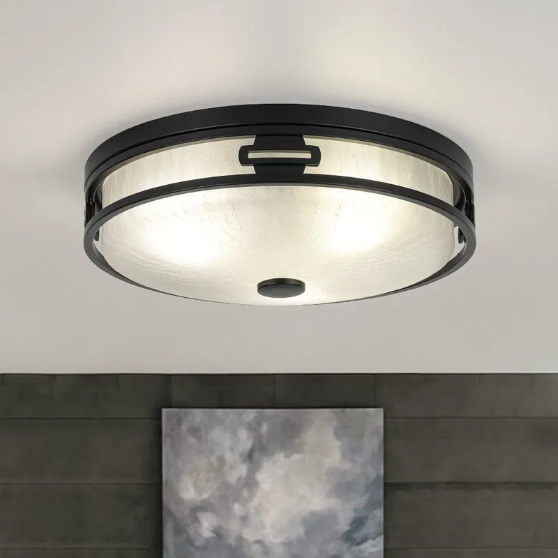 Black Round Frosted Crackled Glass Flush Mount Light — LightFixturesUSA LED Ceiling Lights 60.0W 