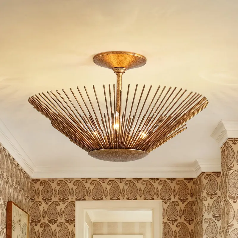 Radiant Antique Gild Gold Foiled Sunburst Round Semi Flush Mount — LightFixturesUSA LED Ceiling Lights 60.0W 