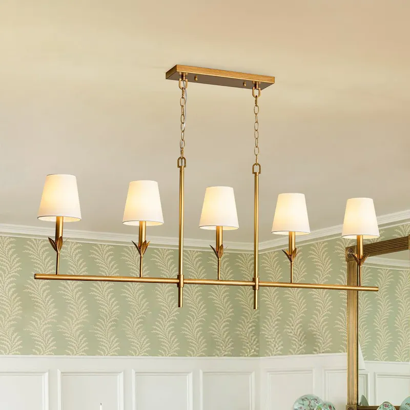 French Country 5-Light Fabric Shade Candle Linear Island Chandelier — LightFixturesUSA LED Linear Lights 40.0W 