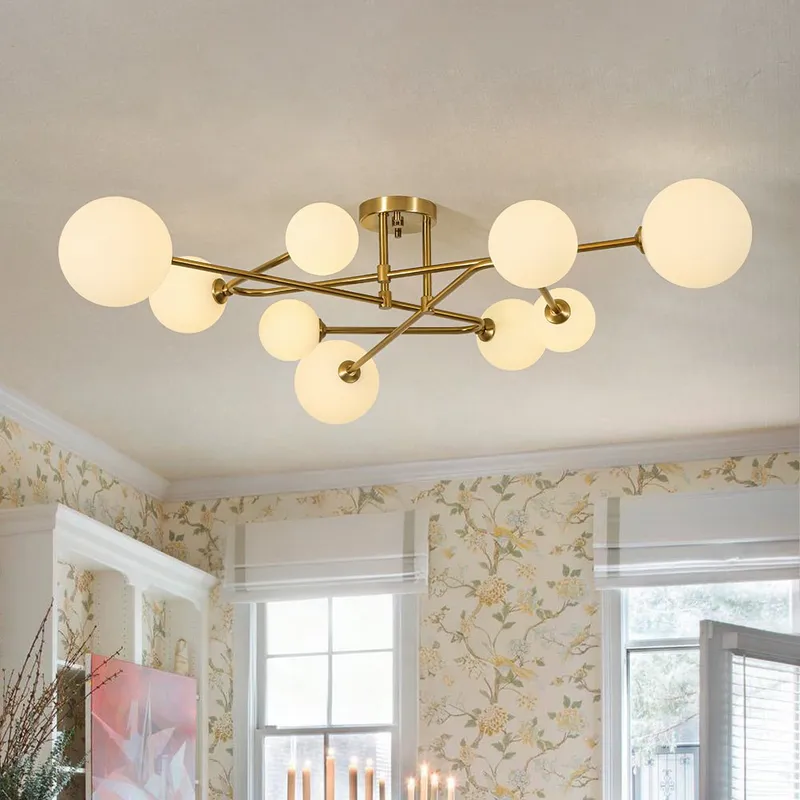 Opal Glass Bubble Brass Linear Sputnik Semi Flush Mount — LightFixturesUSA LED Linear Lights 25.0W 