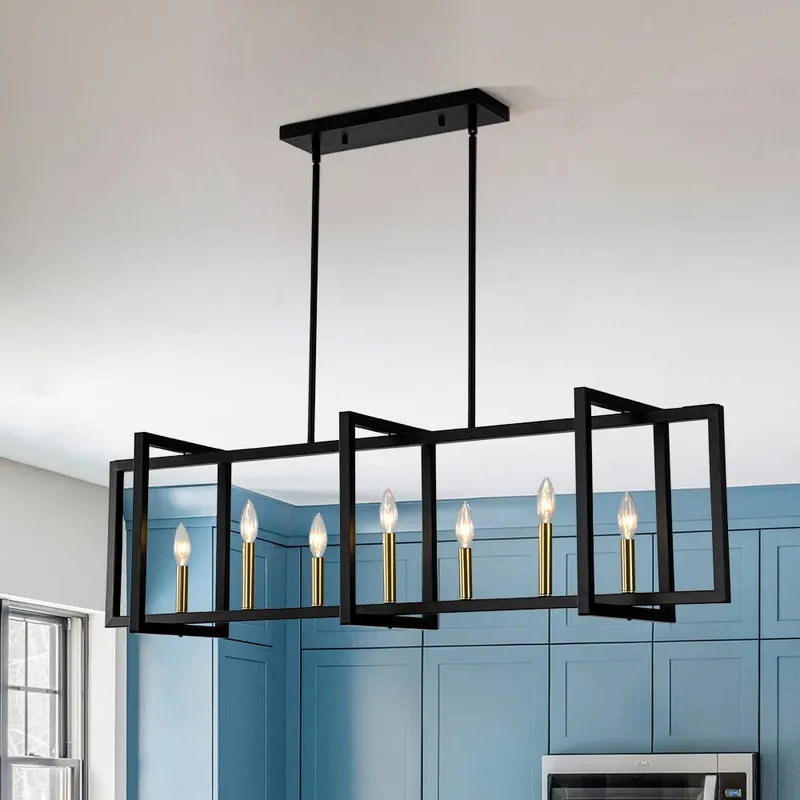 Farmhouse Candle Style Linear Rectangular Cage Island Chandelier — LightFixturesUSA LED Linear Lights 60.0W 