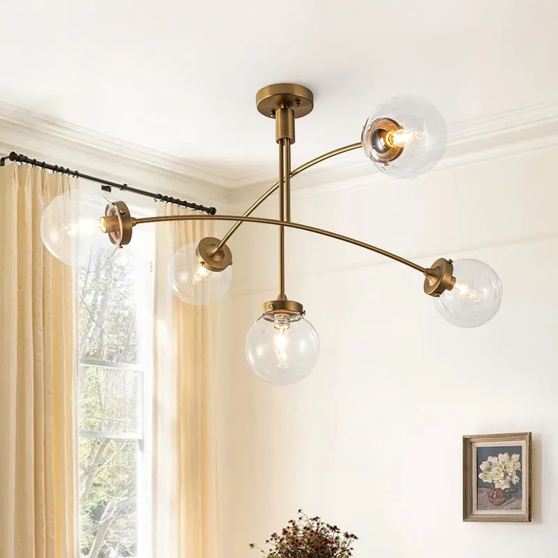 (OpenBox) Funky 5-Light Seesaw Arched Arm Glass Globe Semi Flush Chandelier — LightFixturesUSA LED Pendant Lights 40.0W 