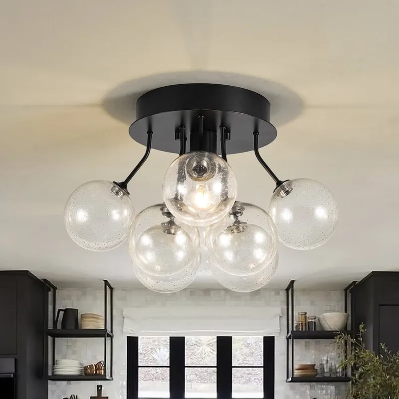 Cluster Seeded Glass Globe Bubble Round Semi Flush Mount — LightFixturesUSA LED Ceiling Lights 60.0W 