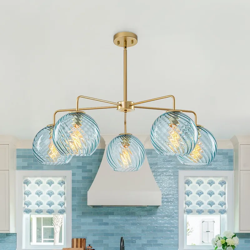 Blue Ribbed Glass Globe 5-light Round Sputnik Chandelier — LightFixturesUSA LED Pendant Lights 40.0W 