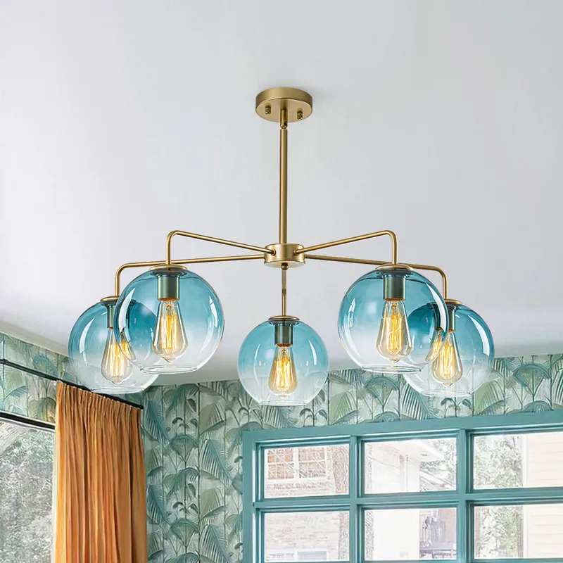 Blue Glass Globe Bubble Sputnik 5-light Round Chandelier — LightFixturesUSA LED Pendant Lights 40.0W 
