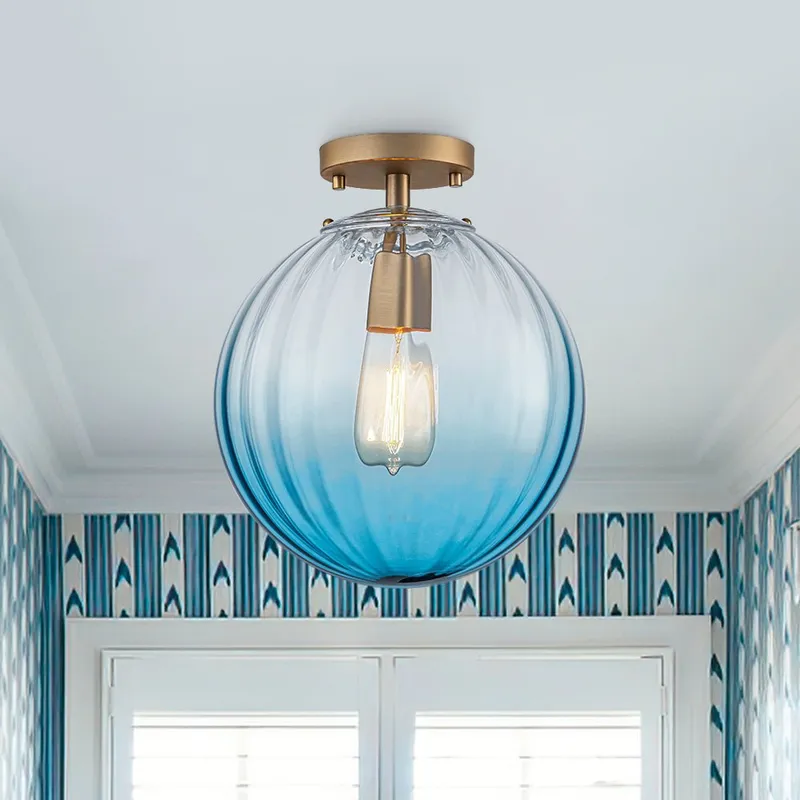 Art Deco 1-Light Blue Ribbed Glass Globe Semi Flush Mount — LightFixturesUSA LED Pendant Lights 40.0W 