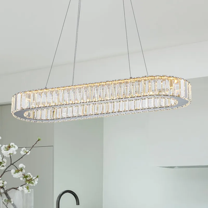 (OpenBox) Luxe Chrome Crystal Dimmable LED Oval Halo Island Pendant — LightFixturesUSA LED Pendant Lights 25.0W 3000K