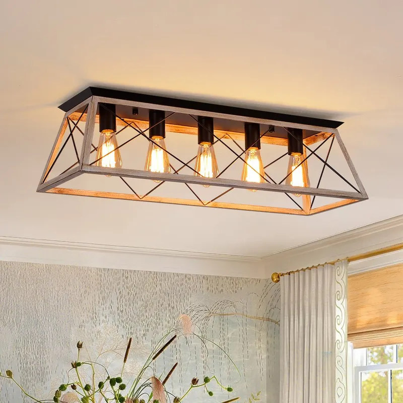 5-Light Farmhouse Rectangular Cage Semi Flush Mount — LightFixturesUSA LED Ceiling Lights 60.0W 