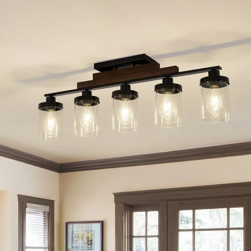 Farmhouse Linear Glass Wooden Kitchen Island Ceiling Light — LightFixturesUSA LED Linear Lights 60.0W 
