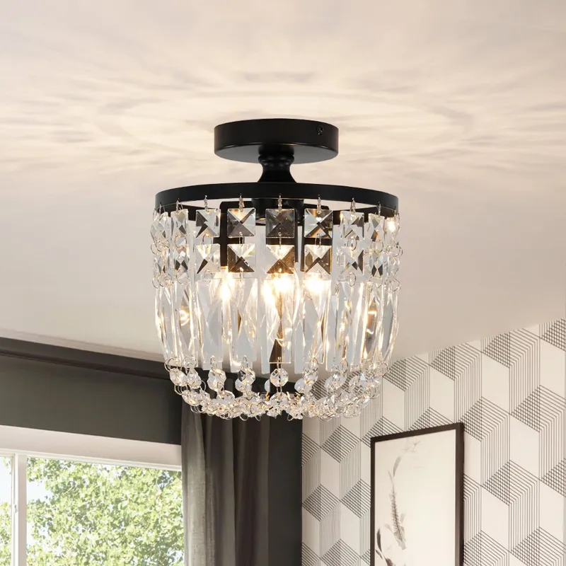 Vintage Black Draped Crystal Round Semi Flush Mount — LightFixturesUSA LED Ceiling Lights 60.0W 