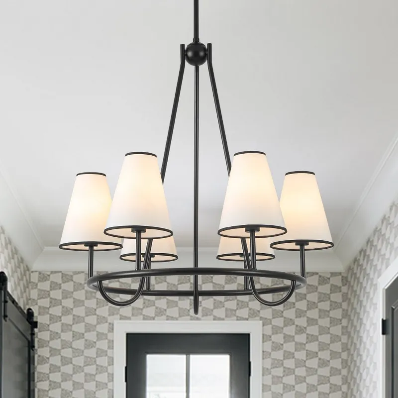 Classic 6-Light Fabric Conical Shade Wheel Chandelier — LightFixturesUSA LED Pendant Lights 40.0W 