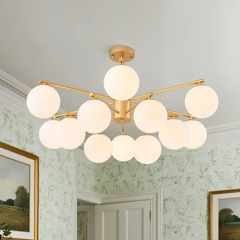 12-Light Brass Tiered Opal Glass Bubble Semi Flush Chandelier — LightFixturesUSA LED Pendant Lights 40.0W 