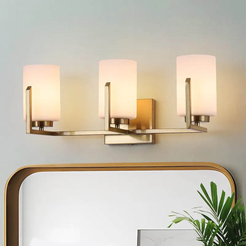 Brass 3-Light Frosted Glass Cylindrical Shade Vanity Wall Sconce — LightFixturesUSA LED Wall Lights 60.0W 