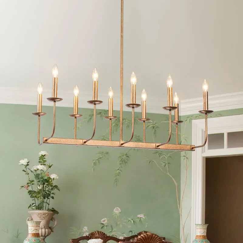 10-Light French Vintage Candle Style Linear Island Chandelier — LightFixturesUSA LED Linear Lights 40.0W 