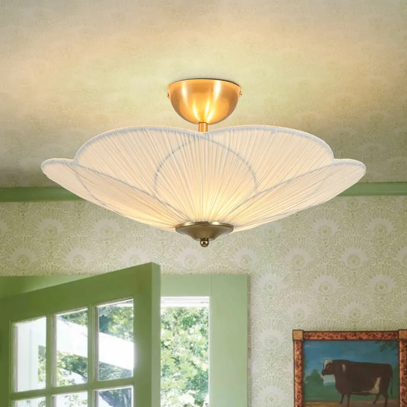 Round Pleated Flower White Fabric Semi Flush Mount — LightFixturesUSA LED Ceiling Lights 40.0W 