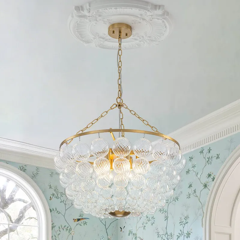 Brass Draped Ribbed Glass Bubble Round Pendant Chandelier — LightFixturesUSA LED Pendant Lights 60.0W 