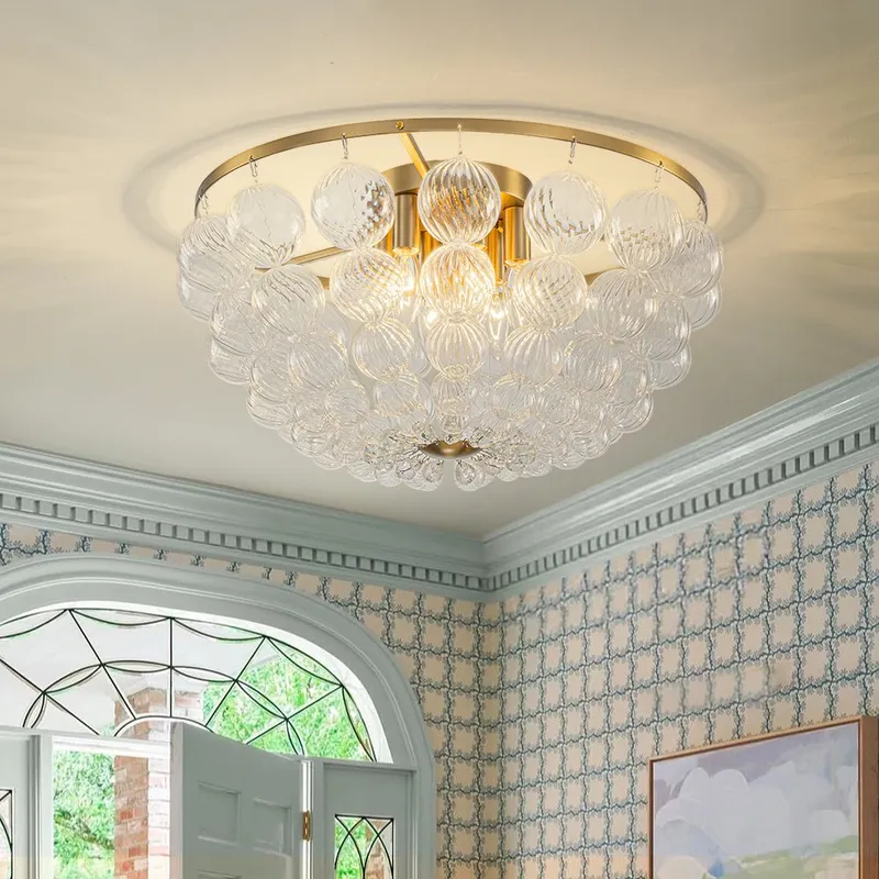 Brass Draped Ribbed Glass Globe Round Semi Flush Chandelier — LightFixturesUSA LED Pendant Lights 60.0W 