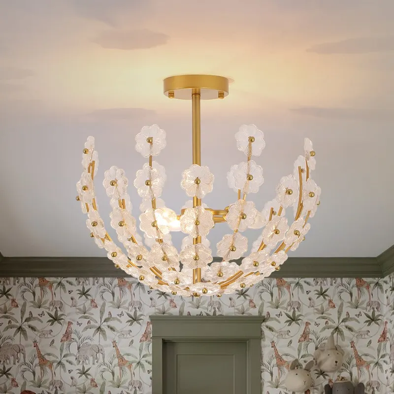 French Sculpture Brass Bloom Glass Floral Semi Flush Mount — LightFixturesUSA LED Ceiling Lights 60.0W 