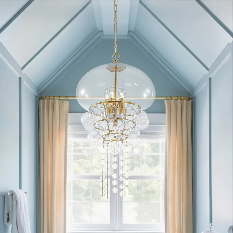 Art Deco Brass Tiered Clear Glass Jellyfish Style Chandelier — LightFixturesUSA LED Pendant Lights 60.0W 