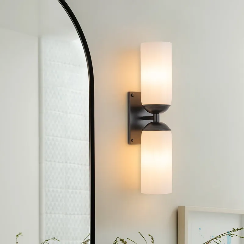 2-Light Milky White Glass Cylinder Vanity Wall Sconce — LightFixturesUSA LED Wall Lights 60.0W 