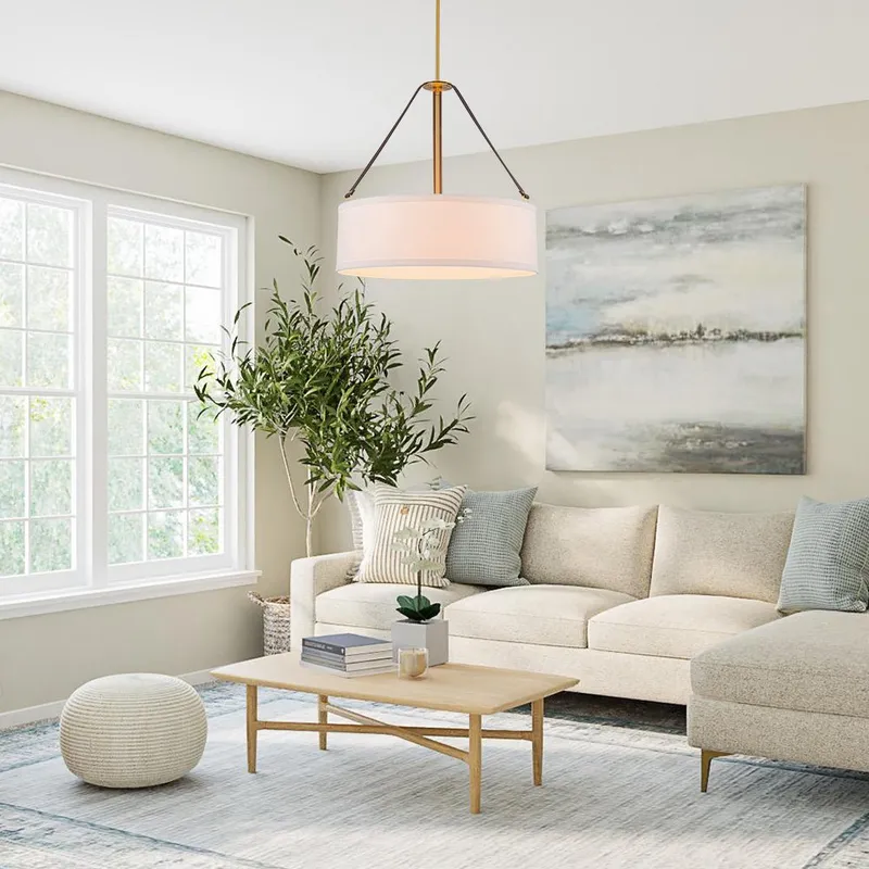 (OpenBox) 4-Light Brass White Linen Wide Drum Cage Pendant Light — LightFixturesUSA LED Pendant Lights 60.0W 