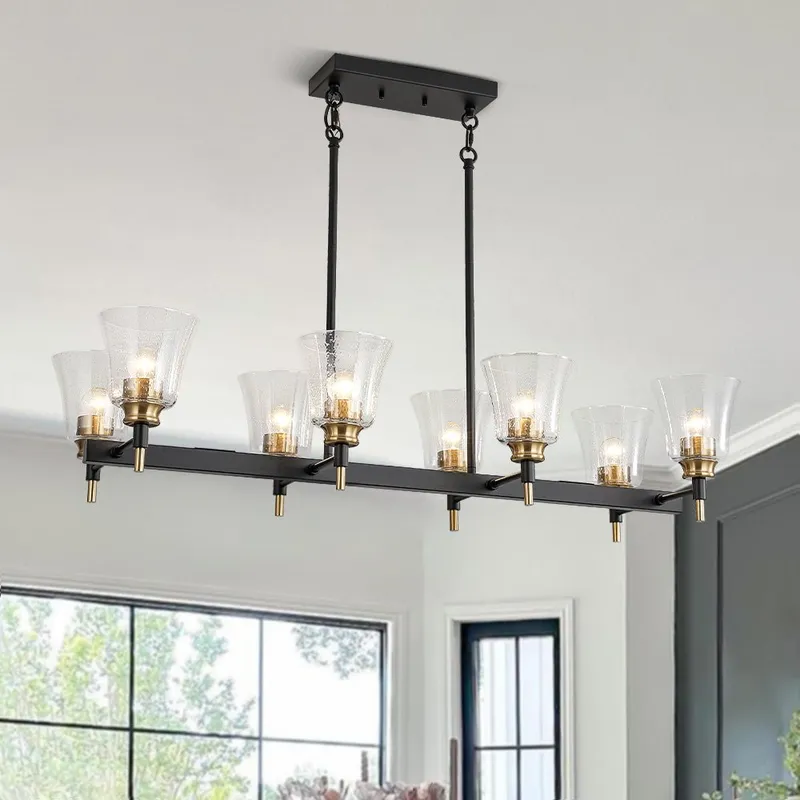 8-Light Seeded Glass Black Brass Linear Island Chandelier — LightFixturesUSA LED Linear Lights 60.0W 