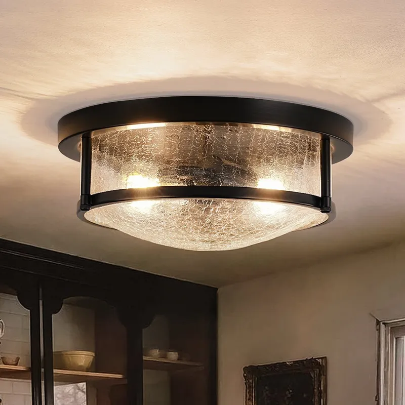 Industrial Black Round Crackled Glass Flush Mount Light — LightFixturesUSA LED Ceiling Lights 40.0W 