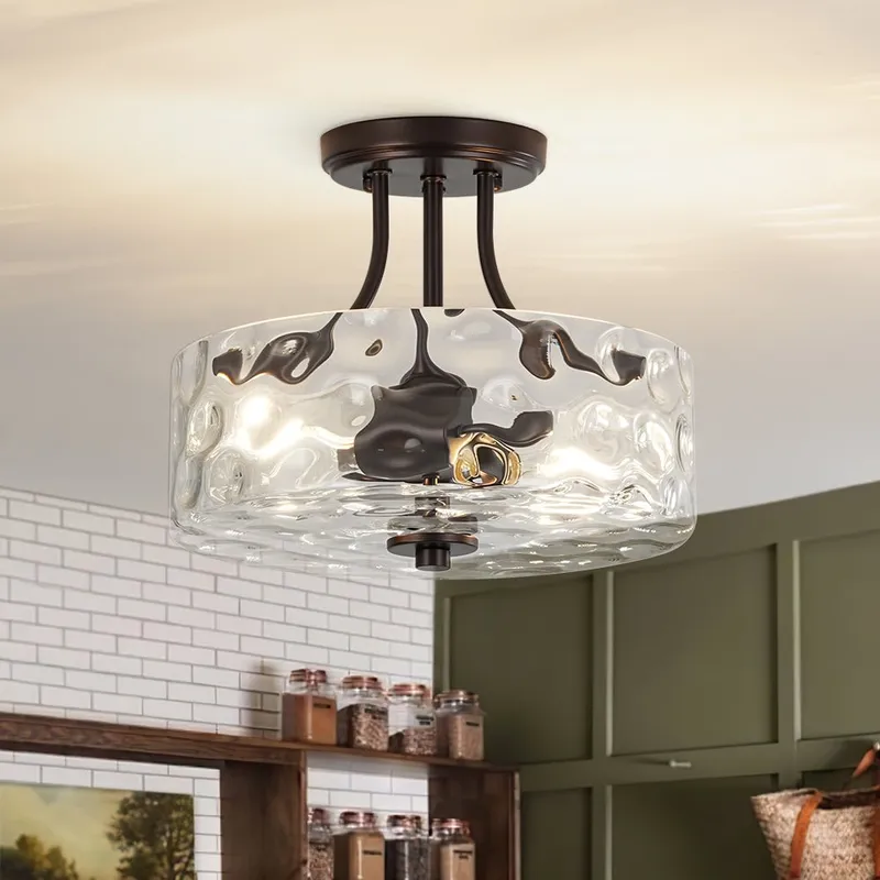 Round Drum Hammered Glass Semi Flush Mount — LightFixturesUSA LED Ceiling Lights 40.0W 
