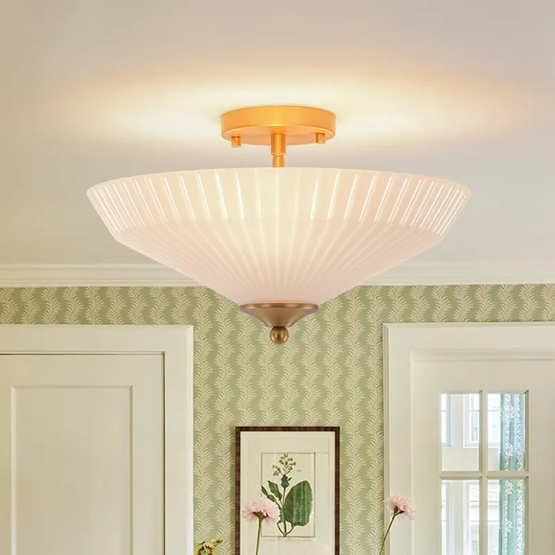 Sculptural Shine Opal Glass Pleated Cone Semi Flush Mount — LightFixturesUSA LED Ceiling Lights 60.0W 